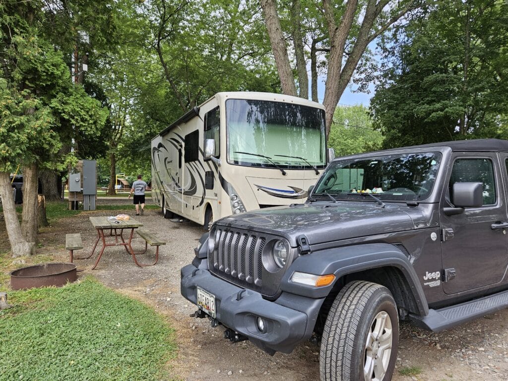 RV and Jeep at our campsite at the Boston/Cape Cod KOA